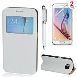 Samsung Galaxy S6 Case, Ludan Modern Series White Woven Pattern Window View Book Style PU Leather Stand Protective Case Cover with 2 Screen Protector and 1 Stylus Pen for 5.1 inches Samsung Galaxy S6 G9200