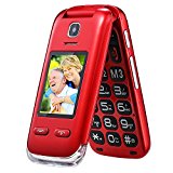 Obooy EG520 Unlocked GSM Clamshell Mobile Phone, SOS Button,Dual Screen with Large Keypad and Predictive Text , Radio/Camera/Torch/Charging Dock, Hearing Aid Compatible, Senior Citizen-Friendly, Red